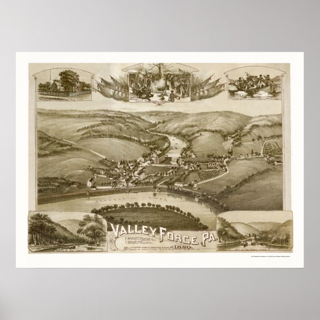 Póster Valley Forge, Mapa Panorámico PA - 1890 (Frente)