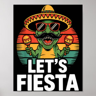 Póster Vamos a fiesta sombrero dinosaur maracas cinco de