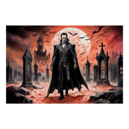 Póster Vampiro en cementerio iluminado por luna