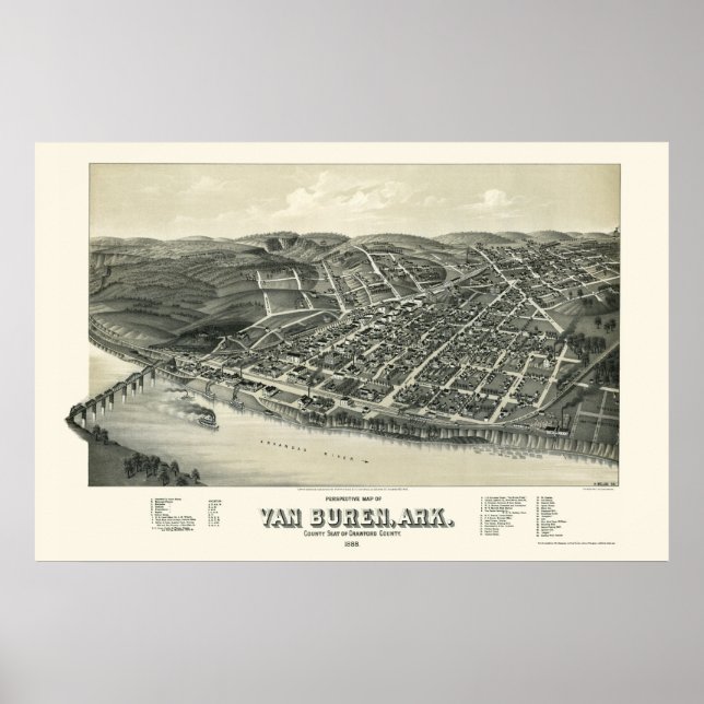 Póster Van Buren, AR Mapa Panorámico - 1888 (Frente)