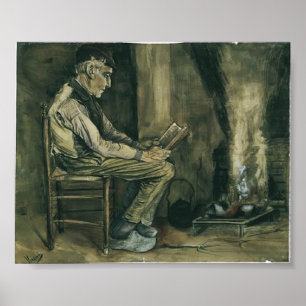Póster Van Gogh - Agricultor sentado al lado del fuego, l