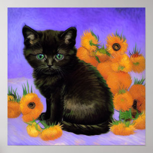 Póster Van Gogh Black Kitten con girasoles