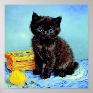 Póster Van Gogh Black Kitten con yarn