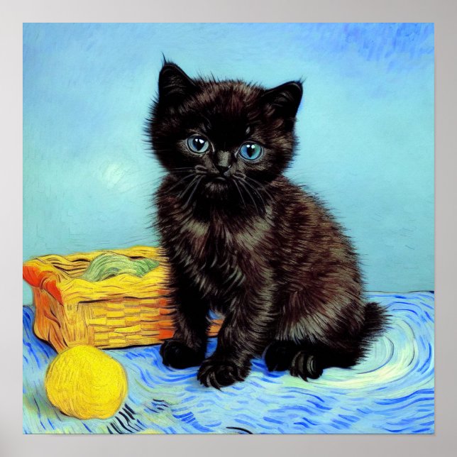 Póster Van Gogh Black Kitten con yarn (Frente)