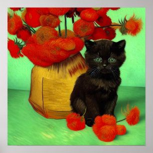 Póster Van Gogh Black Kitten Red Flowers