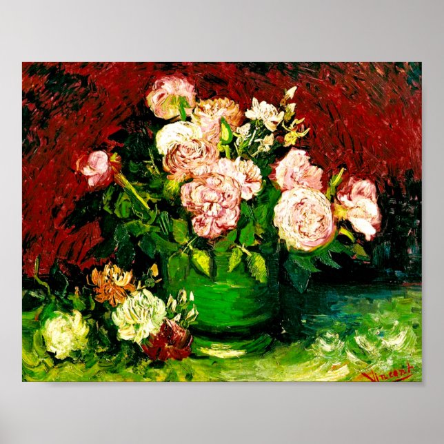 Póster Van Gogh Bowl con peoneses y Rosas (Frente)