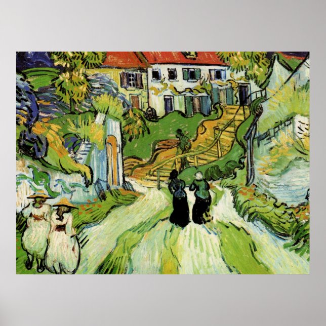 Póster Van Gogh - Calle del pueblo y escalones en Auvers (Frente)