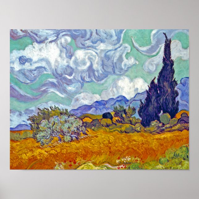 Póster Van Gogh - Campo de trigo con cipreses (Frente)