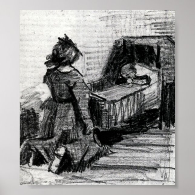 Póster Van Gogh - Chica arrodillándose frente a una cuna (Frente)