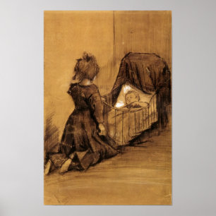 Póster Van Gogh - chica que se arrodilla por una cuna