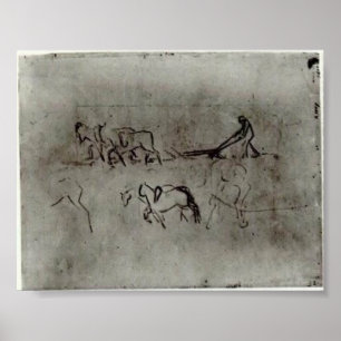 Póster Van Gogh - Esbozos de campesinos puliendo con caba