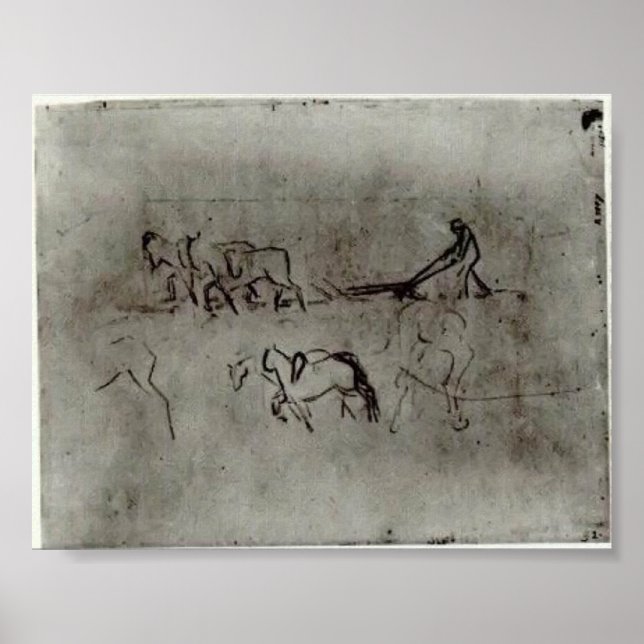 Póster Van Gogh - Esbozos de campesinos puliendo con caba (Frente)