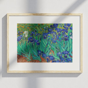 Póster Van Gogh Irises. Impresionismo floral vintage azul