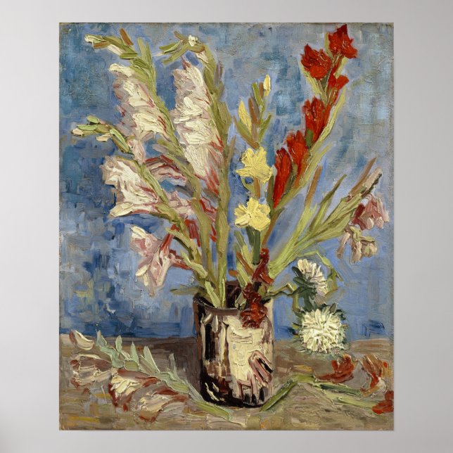 Póster Van Gogh - Jarrón, gladiolos de jardín y áster chi (Frente)