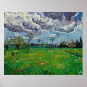 Póster Van Gogh Meadow with Flowers Under a Stormy Sky