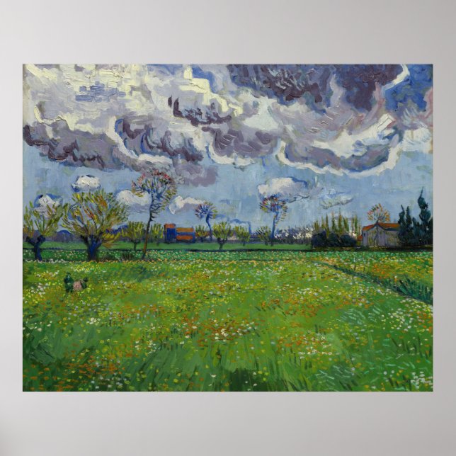 Póster Van Gogh Meadow with Flowers Under a Stormy Sky (Frente)