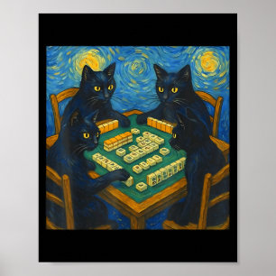 Póster Van gogh noche estrellada gato jugando mahjong chi