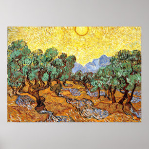 Póster Van Gogh: Olivos con cielo y sol amarillo