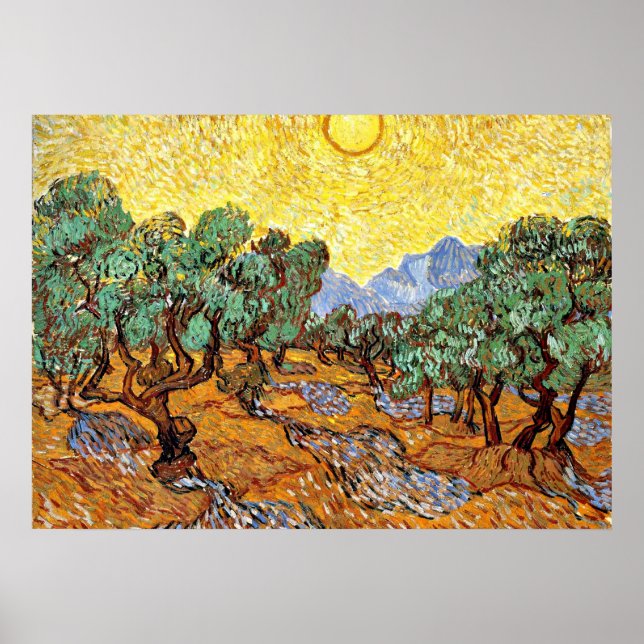 Póster Van Gogh: Olivos con cielo y sol amarillo (Frente)