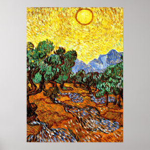 Póster Van Gogh - Olivos con cielo y sol amarillo