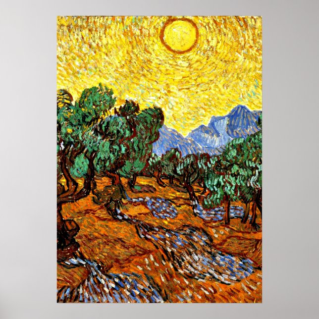 Póster Van Gogh - Olivos con cielo y sol amarillos (Frente)