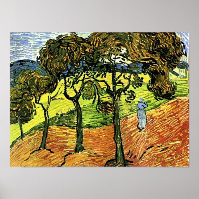 Póster Van Gogh - Paisaje con árboles y figuras (Frente)