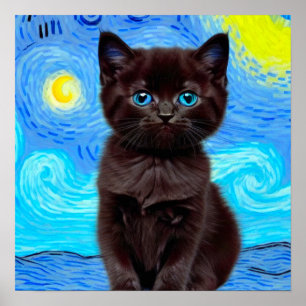 Póster Van Gogh Starry Night Black Cat