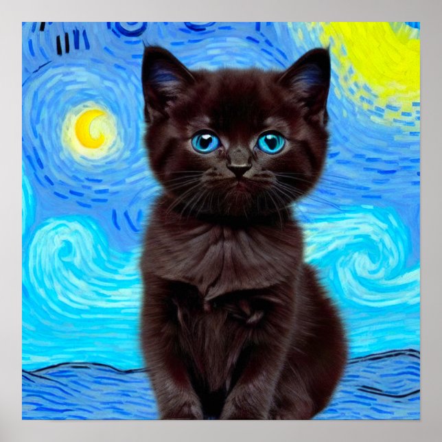 Póster Van Gogh Starry Night Black Cat (Frente)
