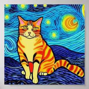 Póster Van Gogh starry night cat
