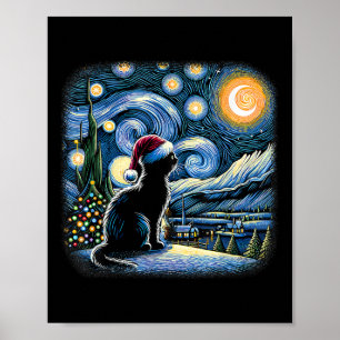 Póster Van Gogh Starry Night Cat Gracioso Gato Negro Chri