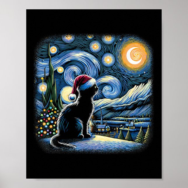 Póster Van Gogh Starry Night Cat Gracioso Gato Negro Chri (Frente)