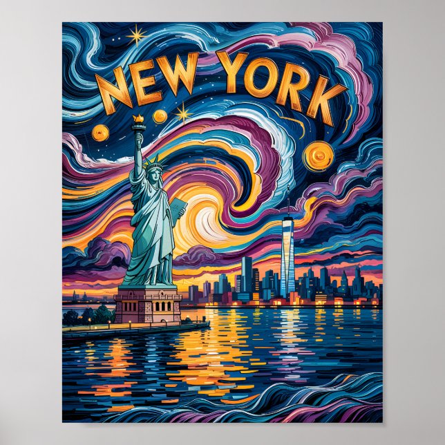 Póster Van Gogh Starry Night New York Liberty Travel (Frente)