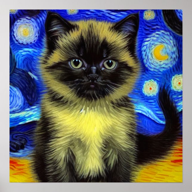 Póster Van Gogh Starry Night Siamese Cat (Frente)
