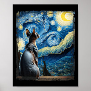 Póster Van Gogh Starry Night Style Artistic Sfinx Cat