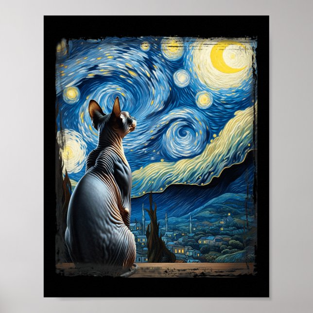 Póster Van Gogh Starry Night Style Artistic Sfinx Cat (Frente)