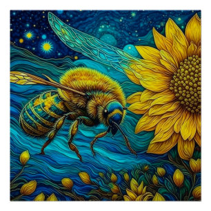 Póster Van Gogh Style Bee & Sunflower