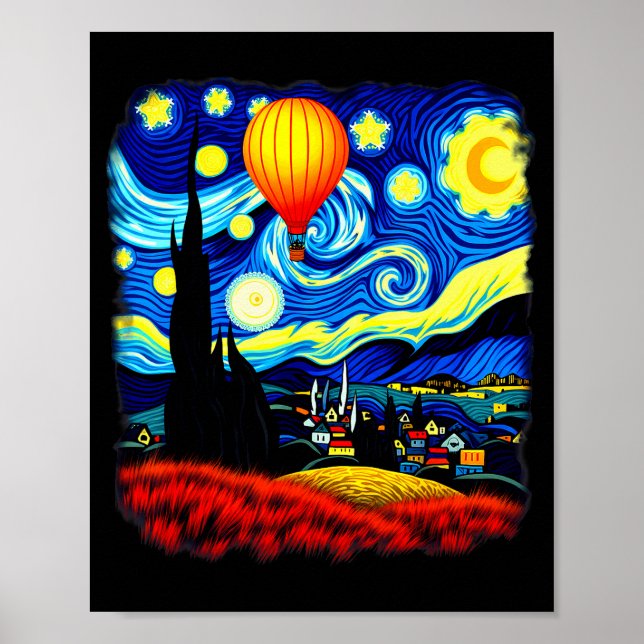 Póster Van Gogh Style Hot Air Balloon Starry Night  (Frente)