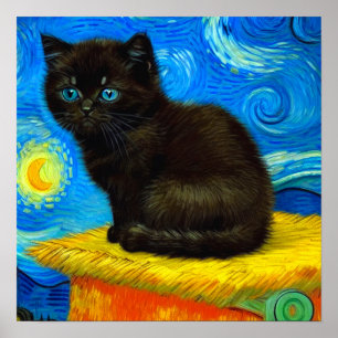 Póster Van Gogh Style Starry Night Cat