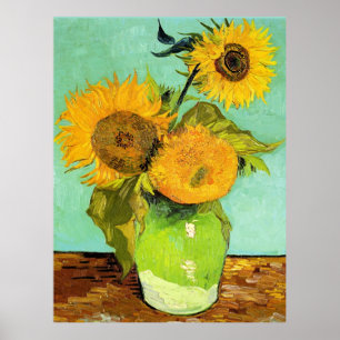 Póster Van Gogh - Vase con tres girasoles