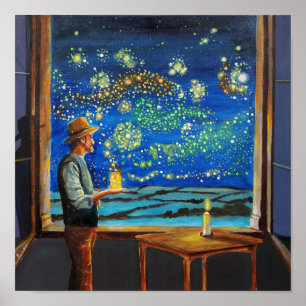 Póster Van Gogh y las luciérnagas de la noche estrellada