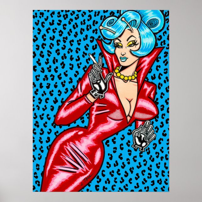 Póster Vana DeVinyl™/Vestido de vinilo rojo/Leopardo azul (Frente)