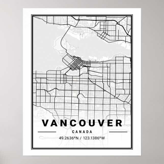 Póster Vancouver British Columbia Canada Travel City Map (Frente)