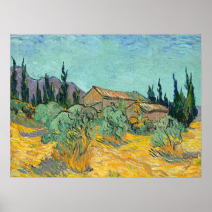 Póster vanGogh Huts rodeados de olivos y cipreses