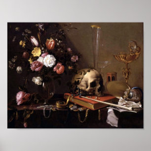 Póster Vanitas Still Life with Bouquet and Skull Adriaen