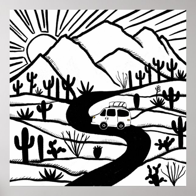 Póster VANLIFE Desert Cacti Mountain Explora Adventure (Frente)