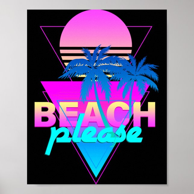 Póster Vaporwave retro de playa palmera & puesta de sol (Frente)
