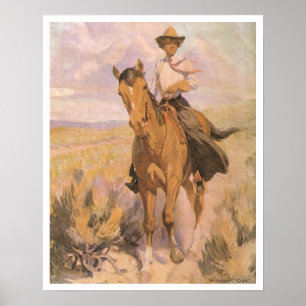 Póster Vaqueira Antigua Vaquero, Mujer a Caballo por Dunt