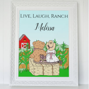 Póster Vaqueira linda personalizada y oso de peluche en r