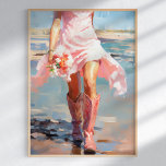 Póster Vaquera acuática en la playa<br><div class="desc">Añade un toque de fantasía y encanto a tu decoración con la "Watercolour Coastal Cowgirl on the Beach Poster". Esta deliciosa obra de arte de papel presenta una hermosa acuarela de una mujer con falda rosa y botas de vaquero rosas a juego, paseando por una playa iluminada por el sol...</div>