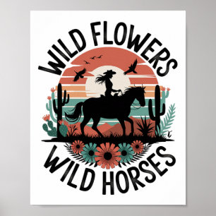 Póster Vaquera Caballo Montando Flores Silvestres Chicas